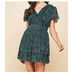 PINCH Green Metallic Tiered Mini Dress Size M